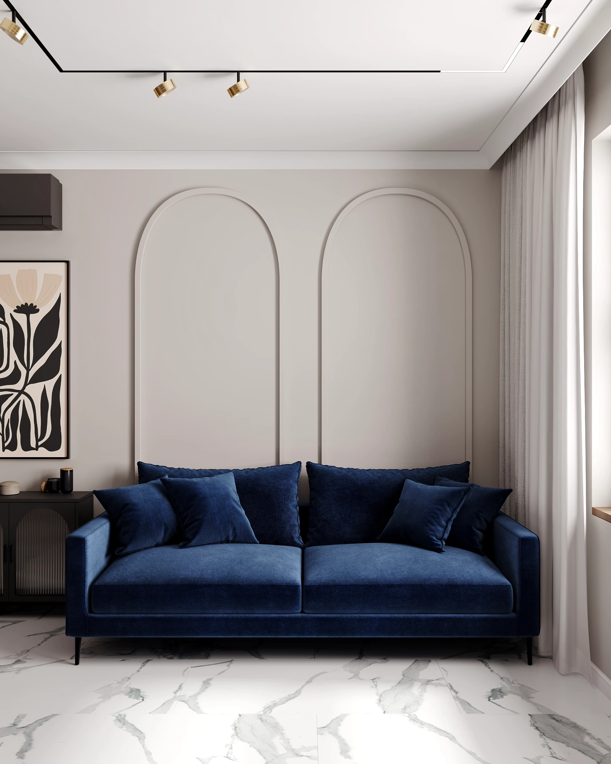 Фронтальный вид гостиной с синим диваном и парными арочными панелями